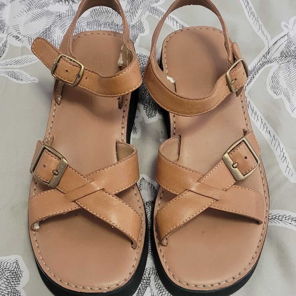 Simple Tan Leather Platform Ankle Strap Sandals 7.5M